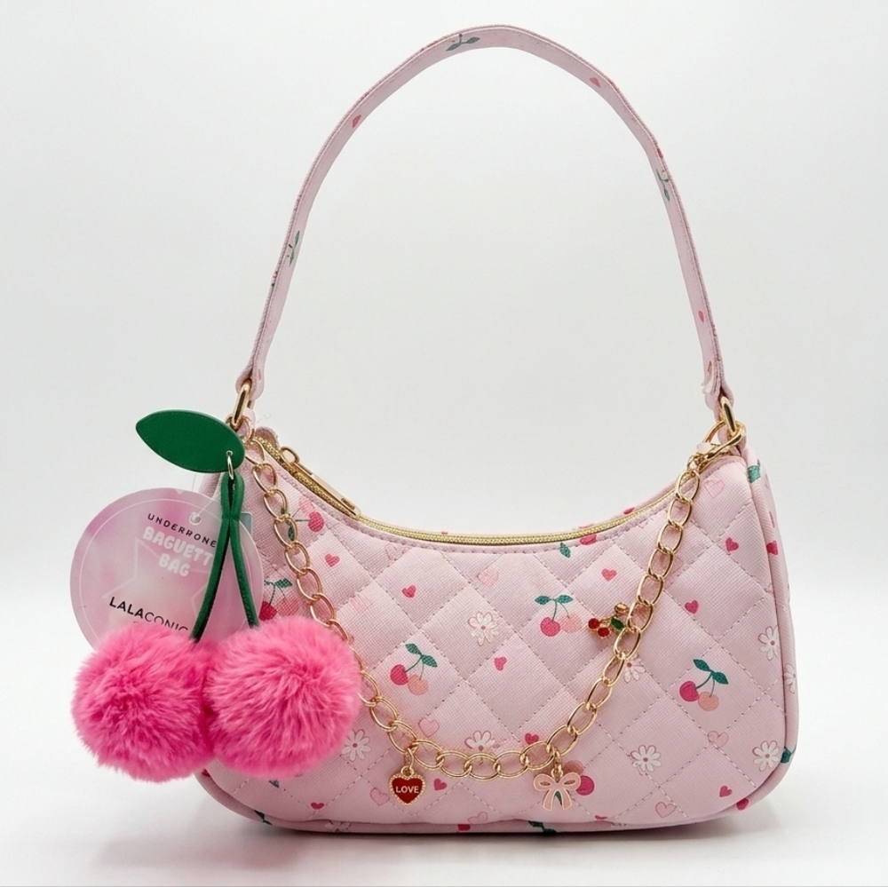 Y2K Pink Quilted Baguette Bag Cherry Print with Pom Pom Charm- NWT Under One Sky